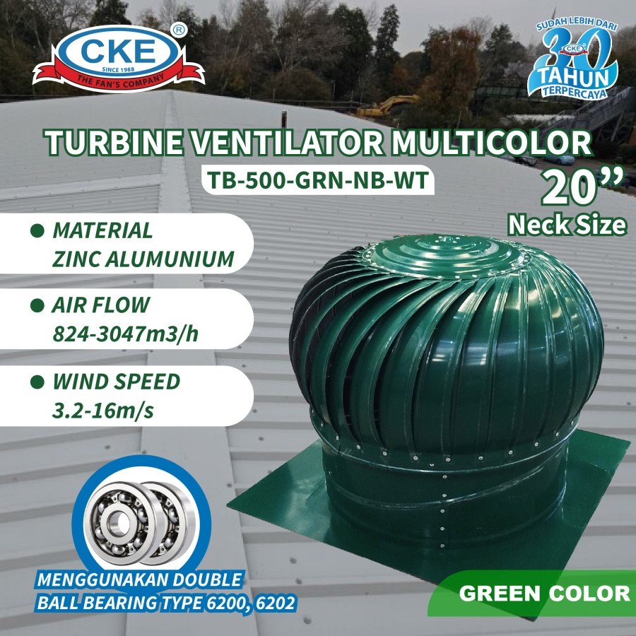 Turbin Ventilator Multicolor 20 Inch Green Color TB-500-GRN-NB-WT Ventilasi Atap Rumah Gedung Pabrik