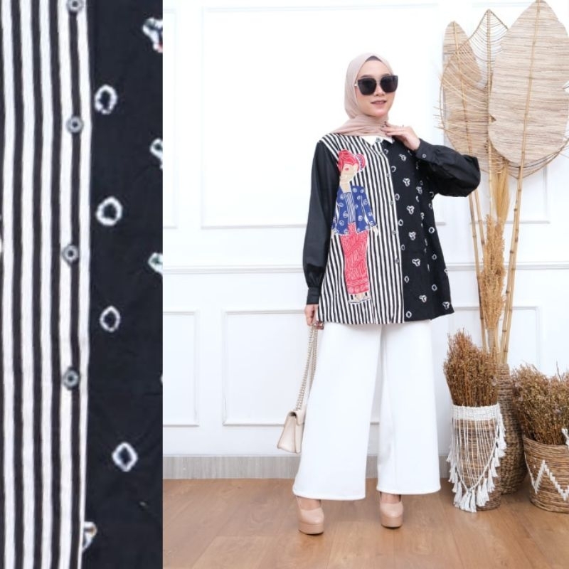 Atasan Batik Wanita Blouse Jumputan Kombi Salur Karakter Batik Modern