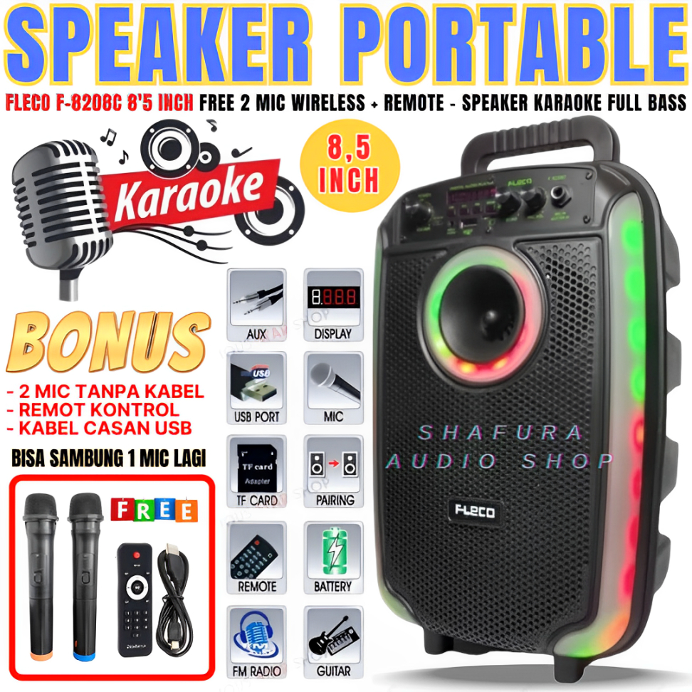 Fleco F-8208 C Led Free Mic Super Bass | Speaker Bluetooth Fleco F-8208c 8'5 Inch Free 2 Mic Wireles