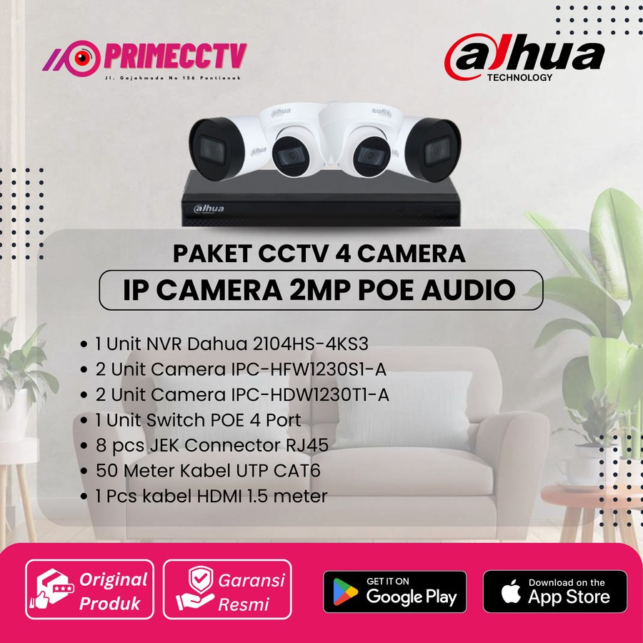 PAKET 4 IP CAMERA DAHUA 2MP AUDIO IP CAMERA POE