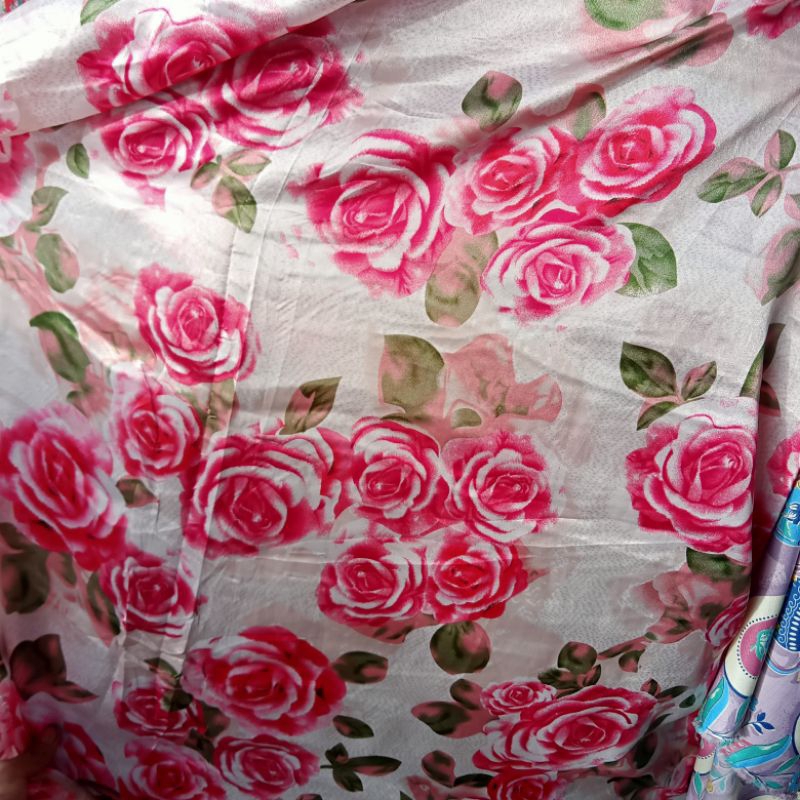 Kain Silk Motif Bunga Mawar Import - Kain Baby Silk - Kain Satin Silk - Kain Meteran Pj | Harga Per 