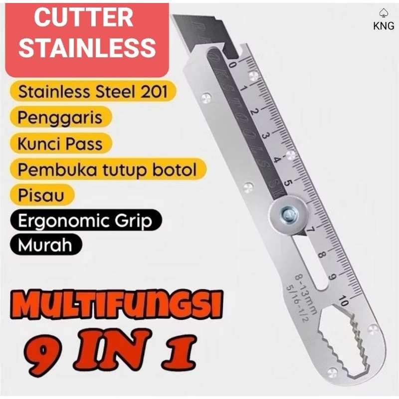 

Cutter Stainless Steel 9 in 1 Besi Pemotong Kertas Kardus Pembuka Botol Baut Multifungsi Anti Karat Super Tajam