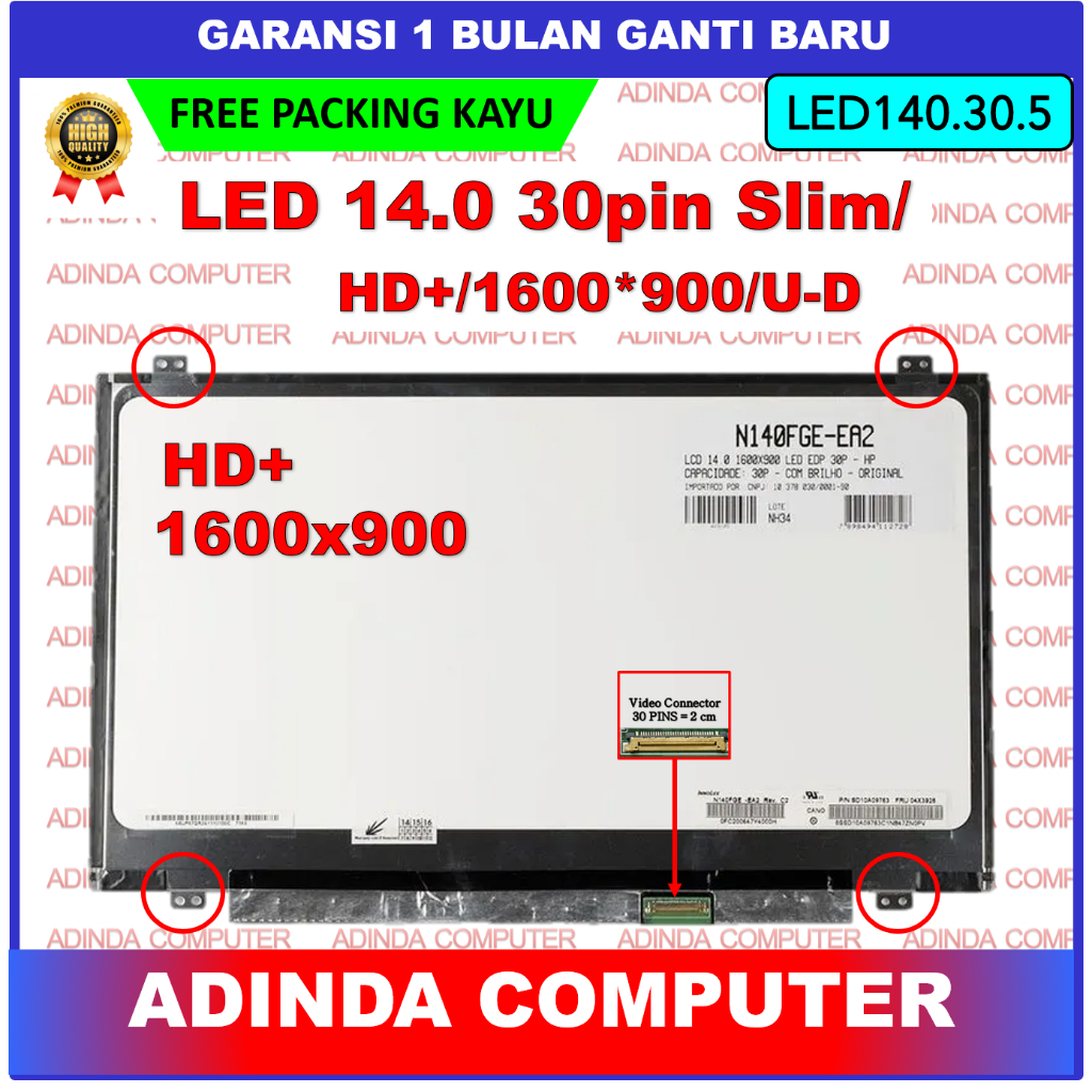 LED LCD HP 14.0 14 Inch 30 pin 30pin Slim HD+ HD Plus 1600x900 1600*900 Bracket Kuping Baut Atas Baw