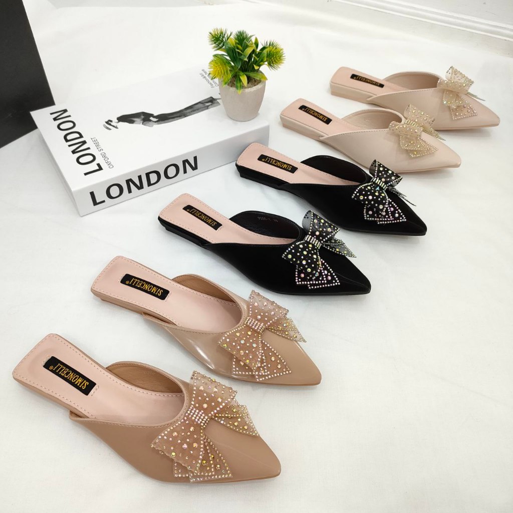 Simoncelli Sandal Flat Wanita Pita Mutiara Import | Sandal Pesta | Sandal Kerja| Sendal Cewek 7686-1