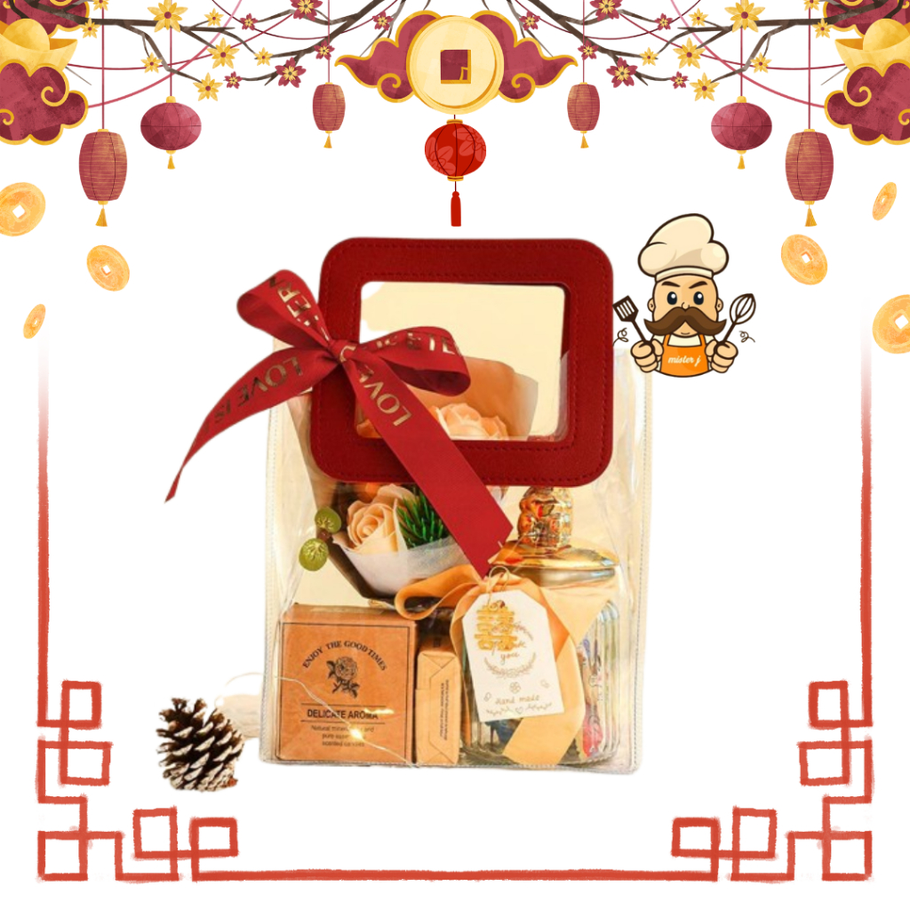 Tas Mika PVC Transparan Bening Gagang Kulit | Tas Hampers Imlek | Tas Mika Natal | Tas Hampers Souve