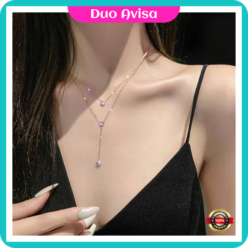 Kalung Perhiasan Emas Titanium Wanita 2 Layer 3 Permata