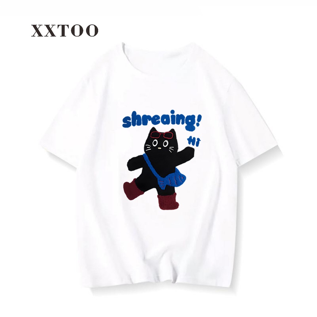 Kaos Wanita T-shirt Katun Gaya Malas Amerika Leher Bulat Pola Kucing Ransel - Baju, Oversize