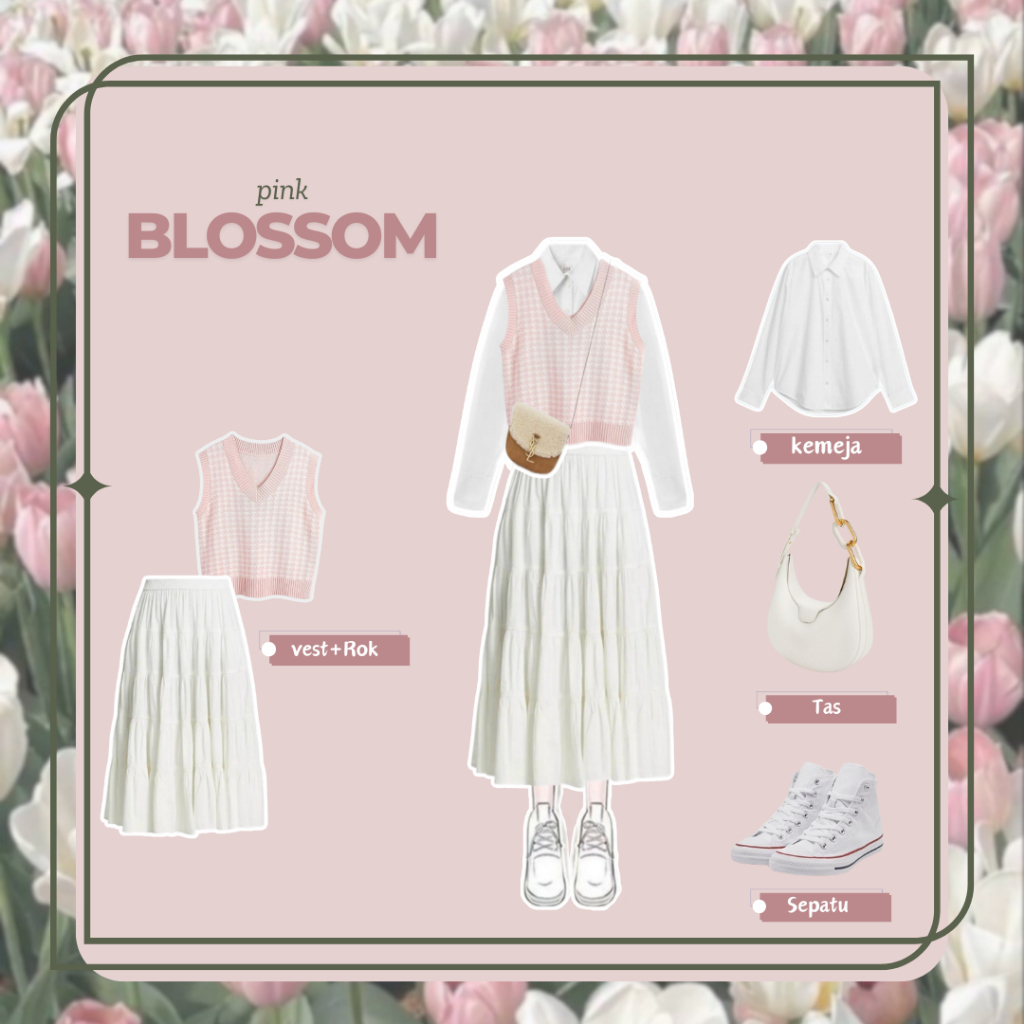 KoreaSet 3in1/oneset/Ootd/kekinian(rok putih+vest pink+kemeja)