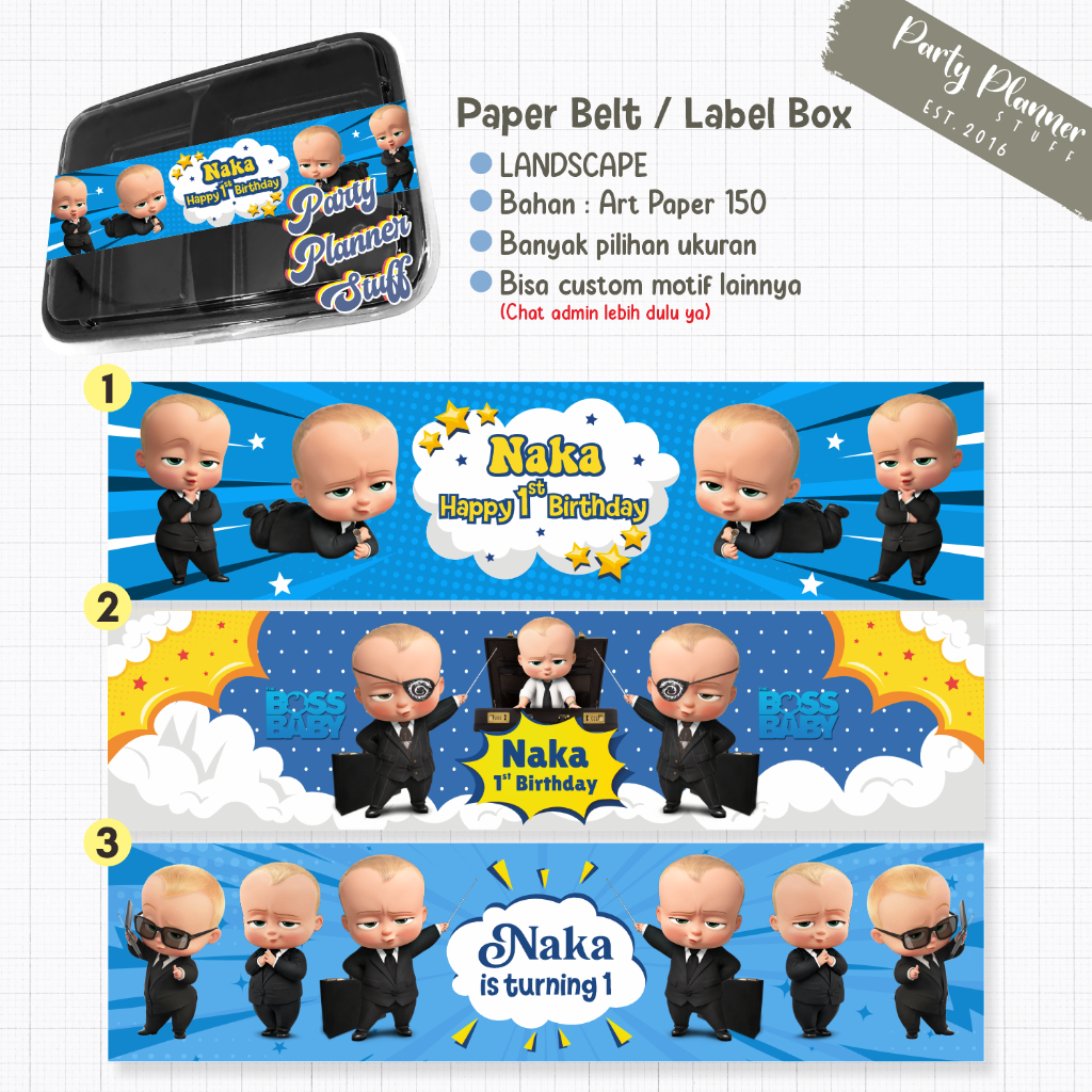 

Paper belt box bento / custom label kotak bento / paper sleeve the baby boss / the baby boss birthday / label nasi kotak bento tema baby boss