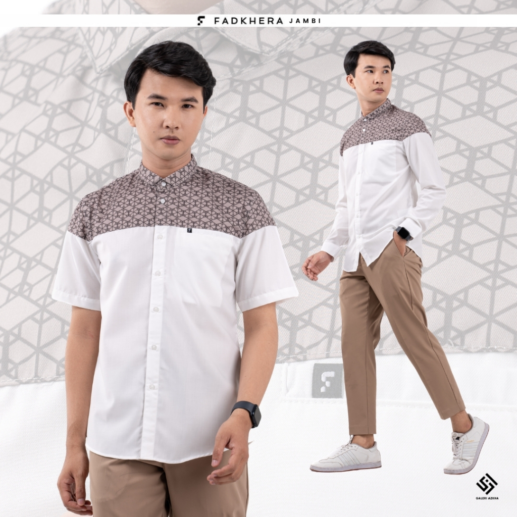FADKHERA Arsyad Baju Koko Modern Pria Putih Motif Batik Original Premium Lengan Pendek Panjang