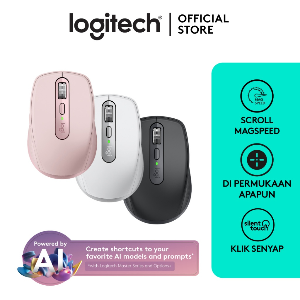 Logitech MX Anywhere 3S Mouse Wireless Silent Bluetooth Performance Compact, Scrolling Cepat, Penelu