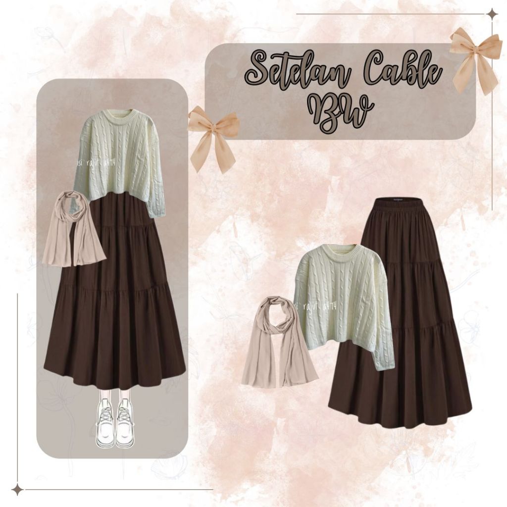 Setelan  Cable BW ( Sweater+Rok Susun+Pashmina ) Ootd Coklat Cantik