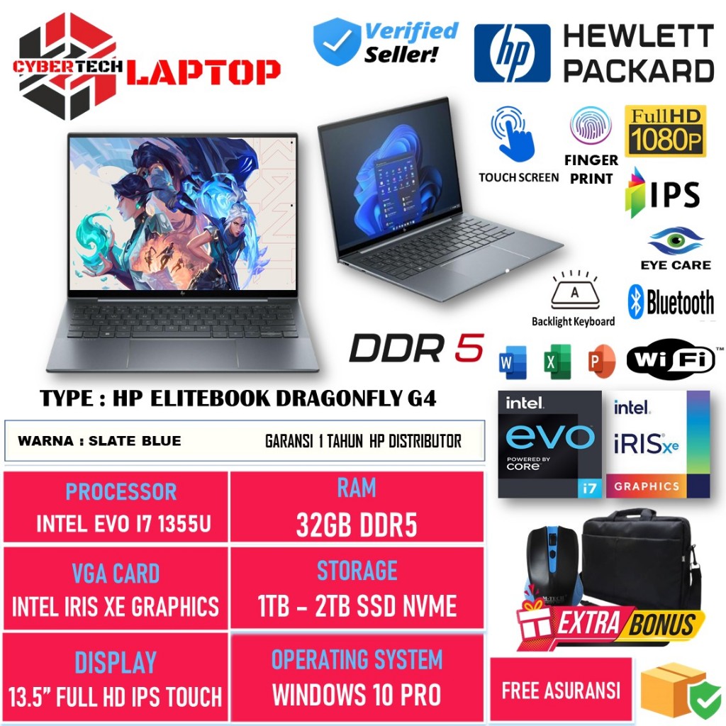 Terbaru Laptop HP Elitebook Dragonfly G4 Intel Evo i7 1355U 32GB DDR5 2TB SSD 13.5 Inch Full HD IPS 
