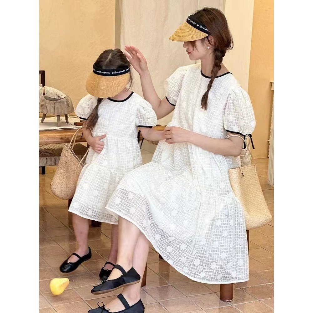 (2th-dewasa) Dress putih brukat kotak Anak Dewasa Lengan pendek putih hitam import gaun pasangan ibu