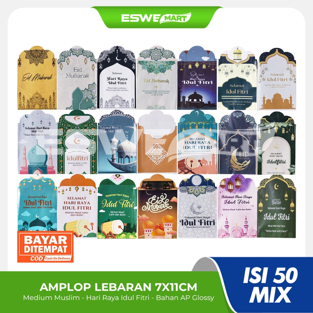 

AMPLOP Lebaran Unik Mewah 2025, Medium Muslim 7x11 cm - 5 Pack isi 50 (MIX)
