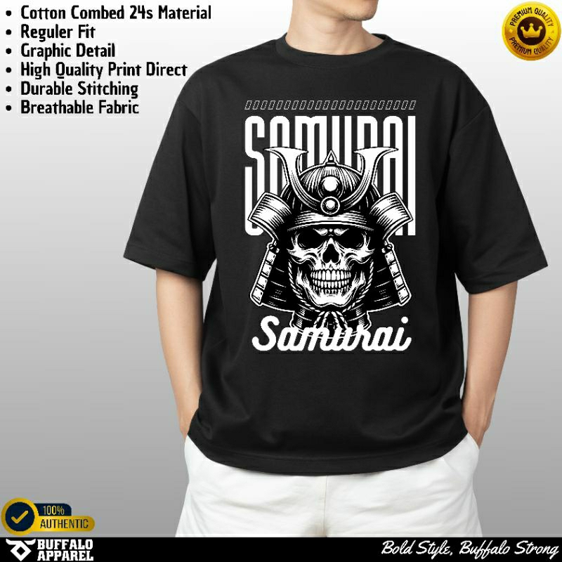 Buffalo T-Shirt Samurai Phantom - Kaos Hitam Cotton Combed 24s - Buffalo Apparel ID