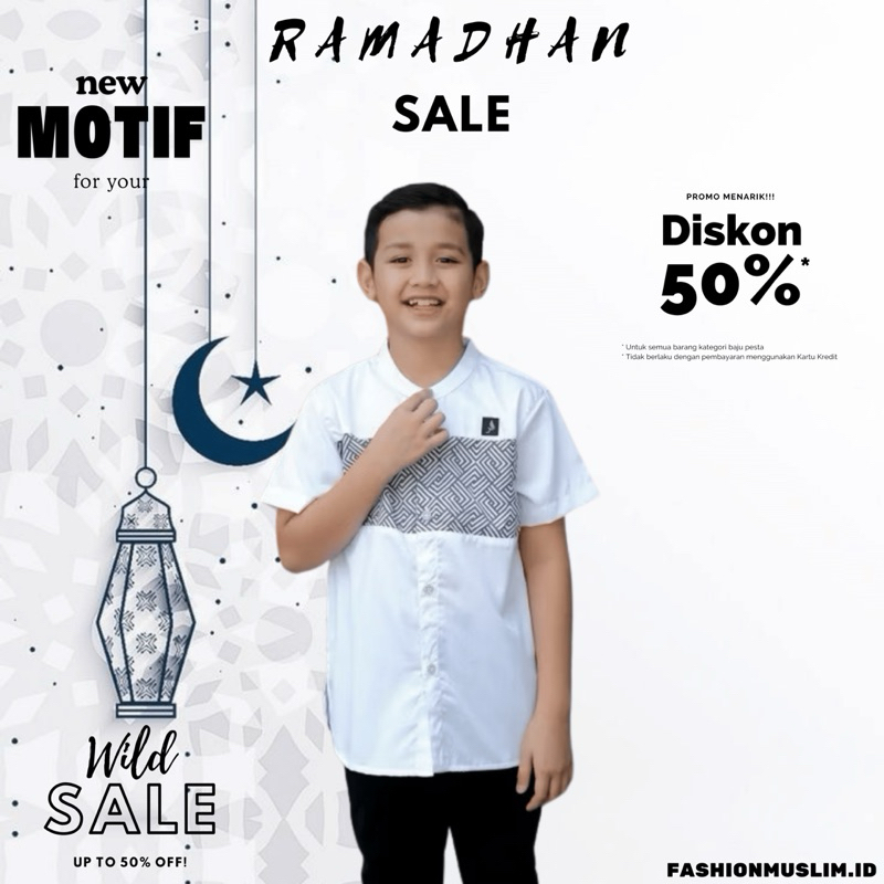 Baju Koko Muslim Anak Laki Laki Lengan Pendek Kombinasi Batik Kautsar Benzema Anak Usia 1 - 15 Tahun
