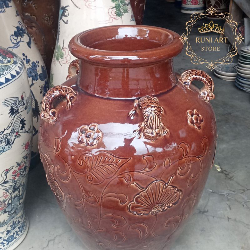 Guci keramik coklat motif naga