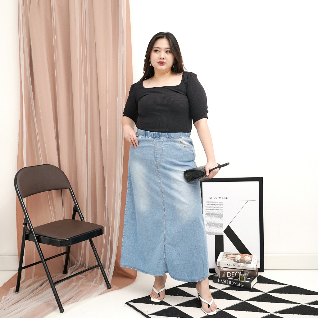 rok jeans panjang jumbo / rok panjang wanita pinggang full karet / rok span A-line panjang muat BB 4