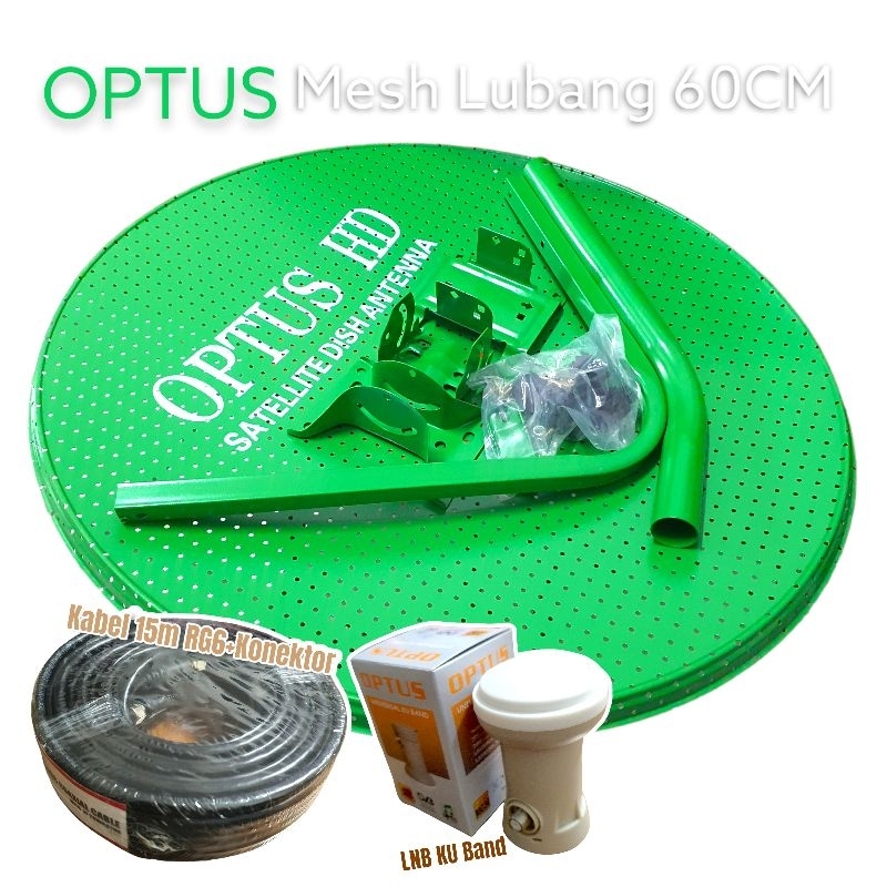 Antena ODU Parabola 60cm Lubang mesh OPTUS Hijau lengkap lnbf ku band lnb & kabel coaxial