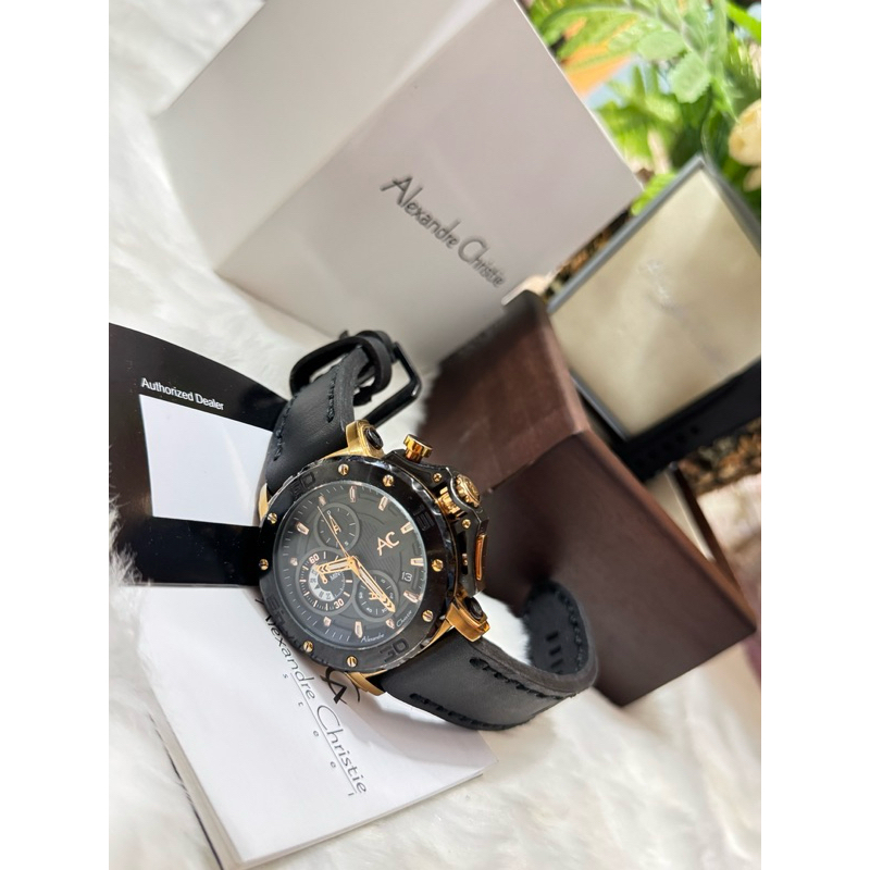 Dijual Jam Tangan alexandre Christie Collection, AC 9205 MC Hitam Rosegold Strap Kulit