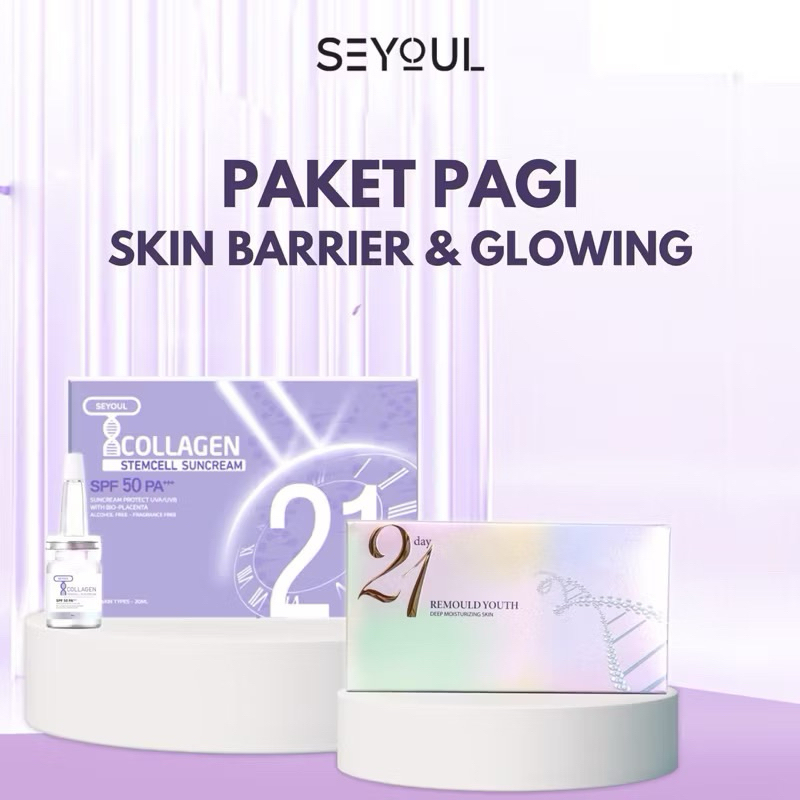 SEYOUL Paket pagi hari.Collagen stemcell suncream+ serum Essence remould youth 21 day