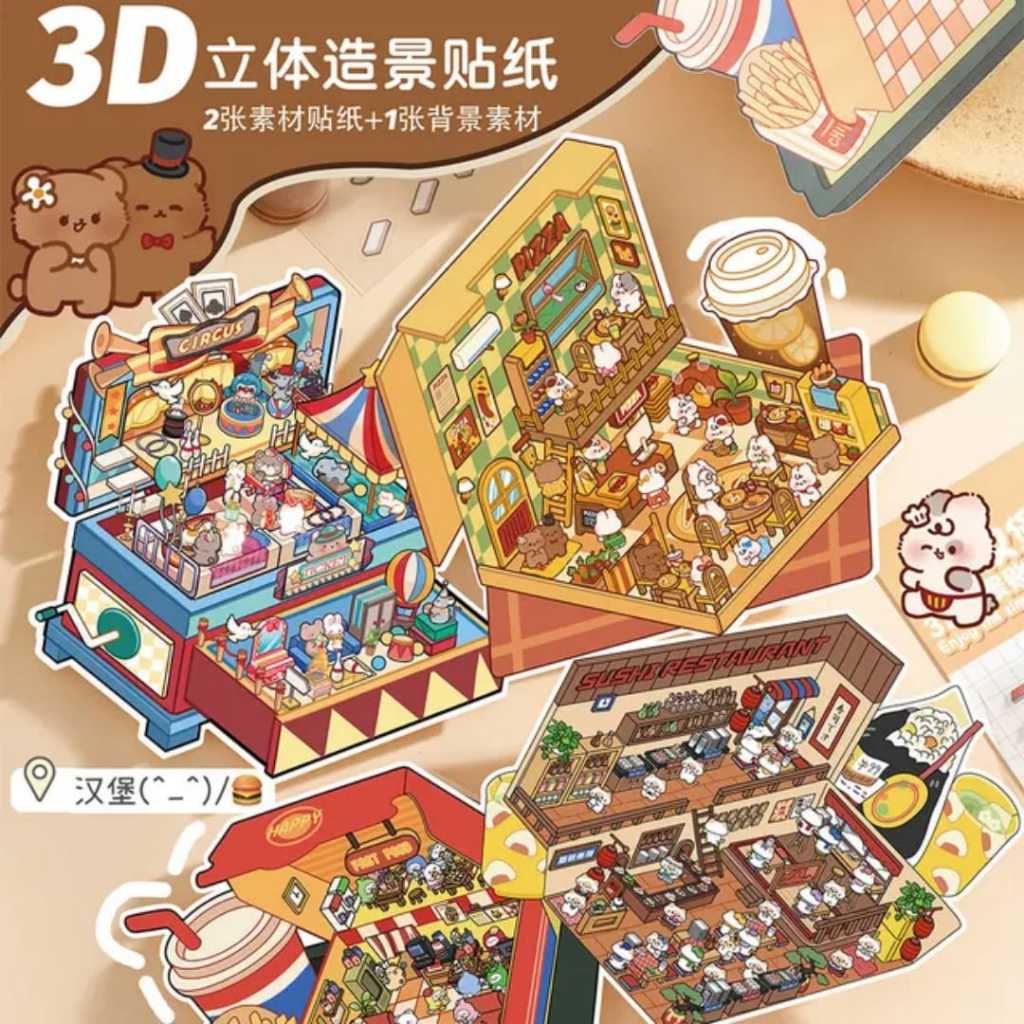 

3D makanan dan bermain stiker lucu miniatur kabin 3 dimensi