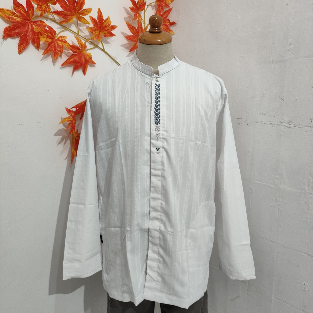MAXILLO Baju Koko Taqwa Pria Motif Bordir Katun Putih Lengan Panjang D10OBL