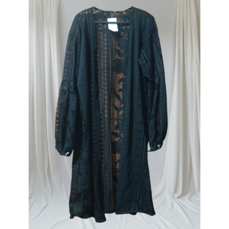 Long Cardi Brukat Terawang Wanita Lengan Balon
