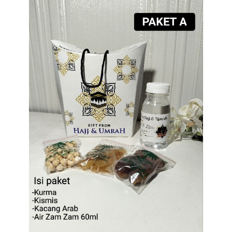 

Paket Oleh-Oleh Haji dan Umroh (PAKET A)Dus tali,Kurma,kismis,kacang Arab.Air Zam Zam./Souvenir makanan/Hampers Murah Satuan/Pcs
