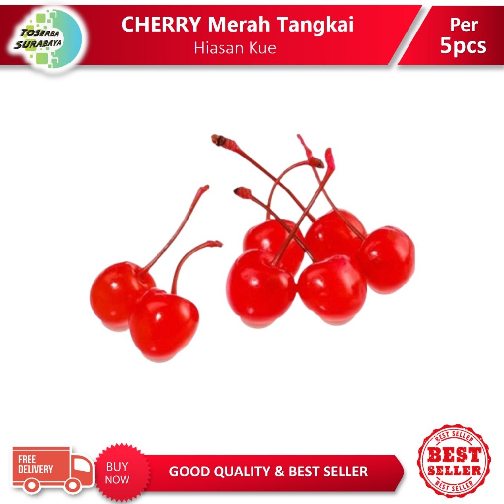 

CHERRY Merah Tangkai (Per 5pcs) Maraschino Cherries - Buah Ceri GOOD QUALITY - FREE CUP