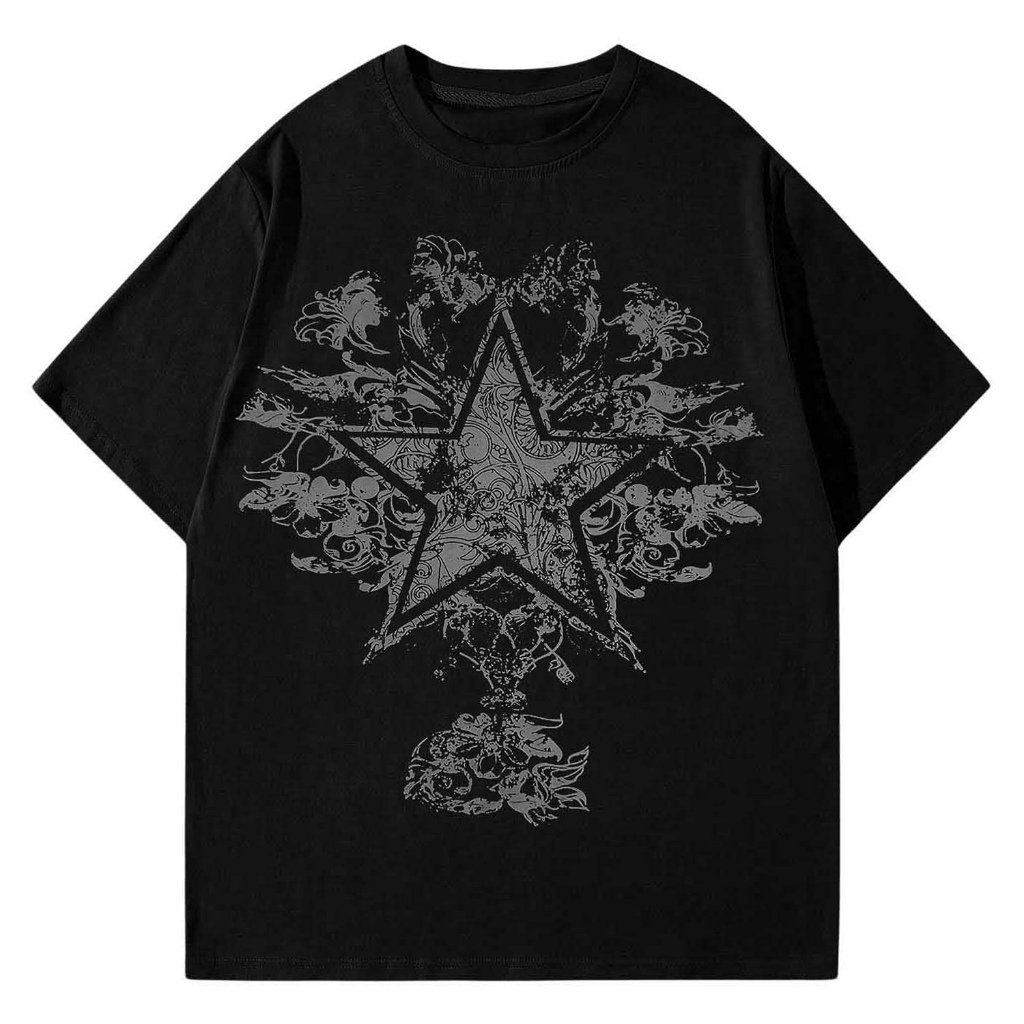 Kaos Pria Bergambar Y2k Atasan Kaos Gotik Bergambar Bunga Bintang Musim Panas
