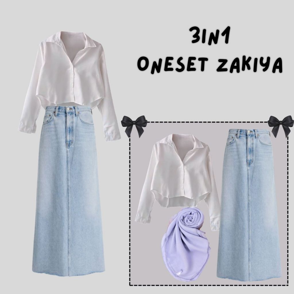Set Zakiya Kemeja Crop Hijab Rok Outfit Wanita 3IN1
