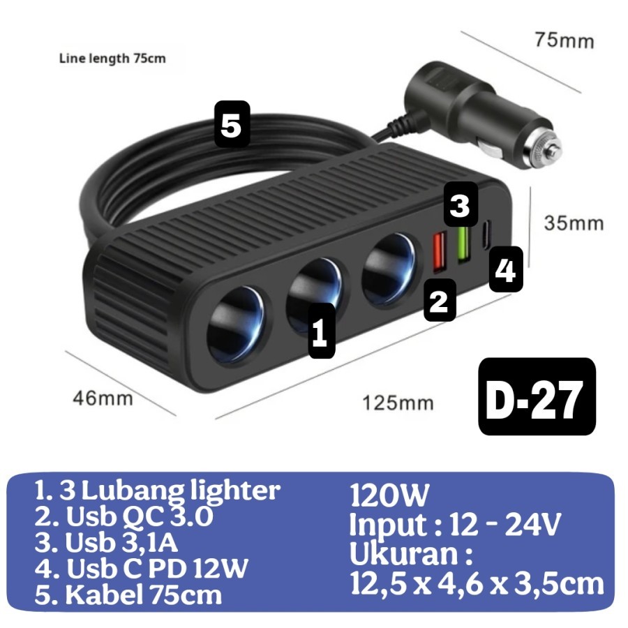 Socket Lighter Mobil Extension 120W USB C Fast Charger QC3.0 Splitter Lighter