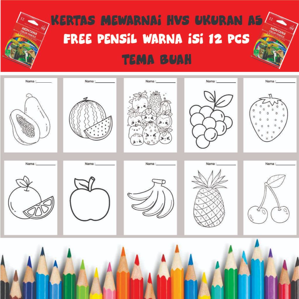 

Gambar Mewarnai kertas hvs ukuran A5 / sketsa / edukasi anak /coloring / Buah
