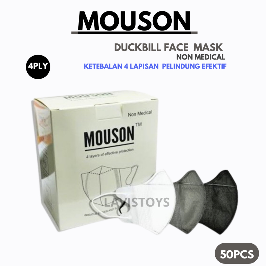 Masker Duckbill MOUSON 4ply Dewasa isi 50pcs Embos  Putih Hitam Warna Disposable Mask