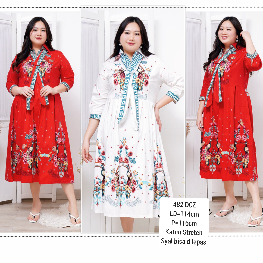 BIGSIZE DRESS BATIK BRENDA JUMBO XXL 482 TERUSAN KERJA KANTOR WANITA katun melar Imlek Lebaran