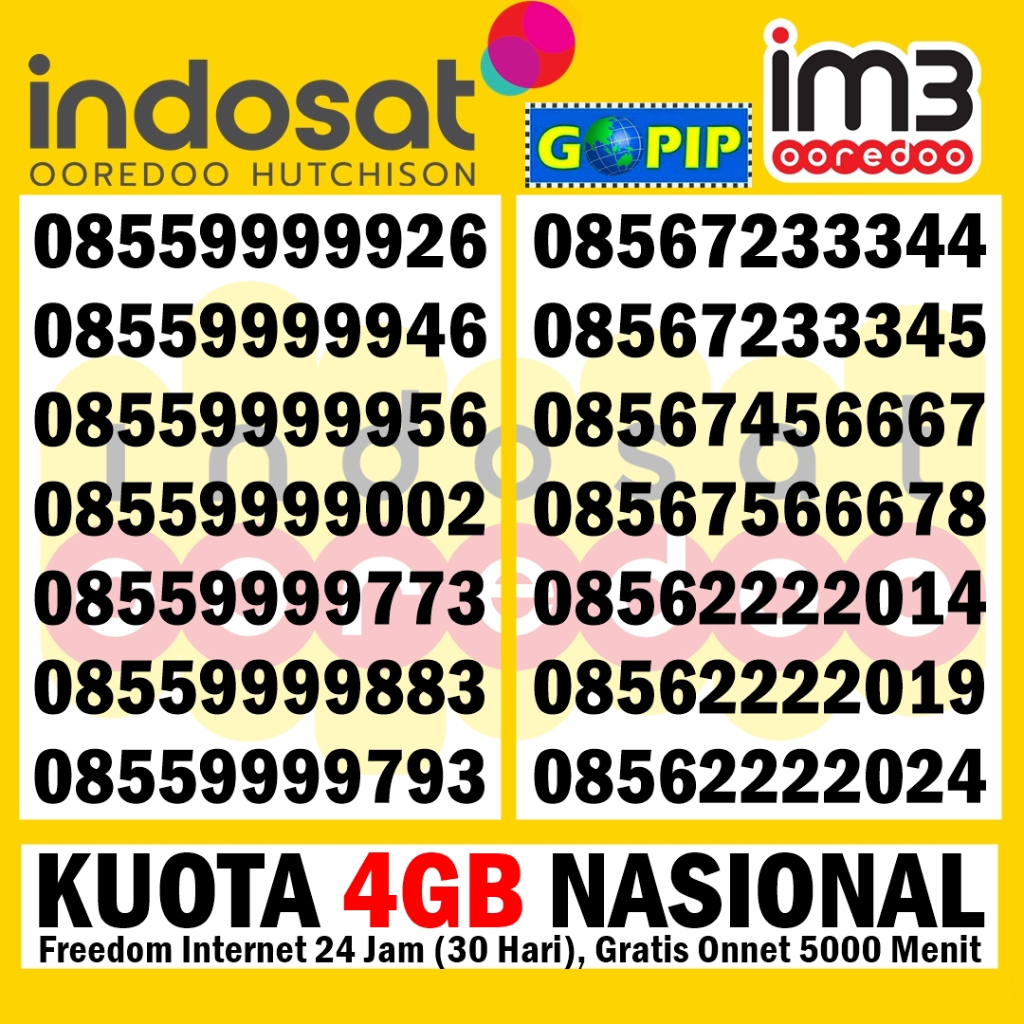 Nomor Cantik Indosat Im3 Ooredoo 10 Digit, 11 Digit, 12 Digit