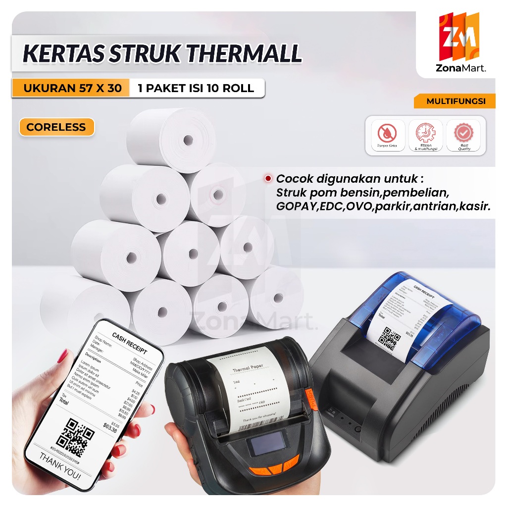 

(READY) 57X30 Kertas Struk Thermal Paper Rol 1 paket uk 57x30 57X40 57X50 (PILIH VARIASI)