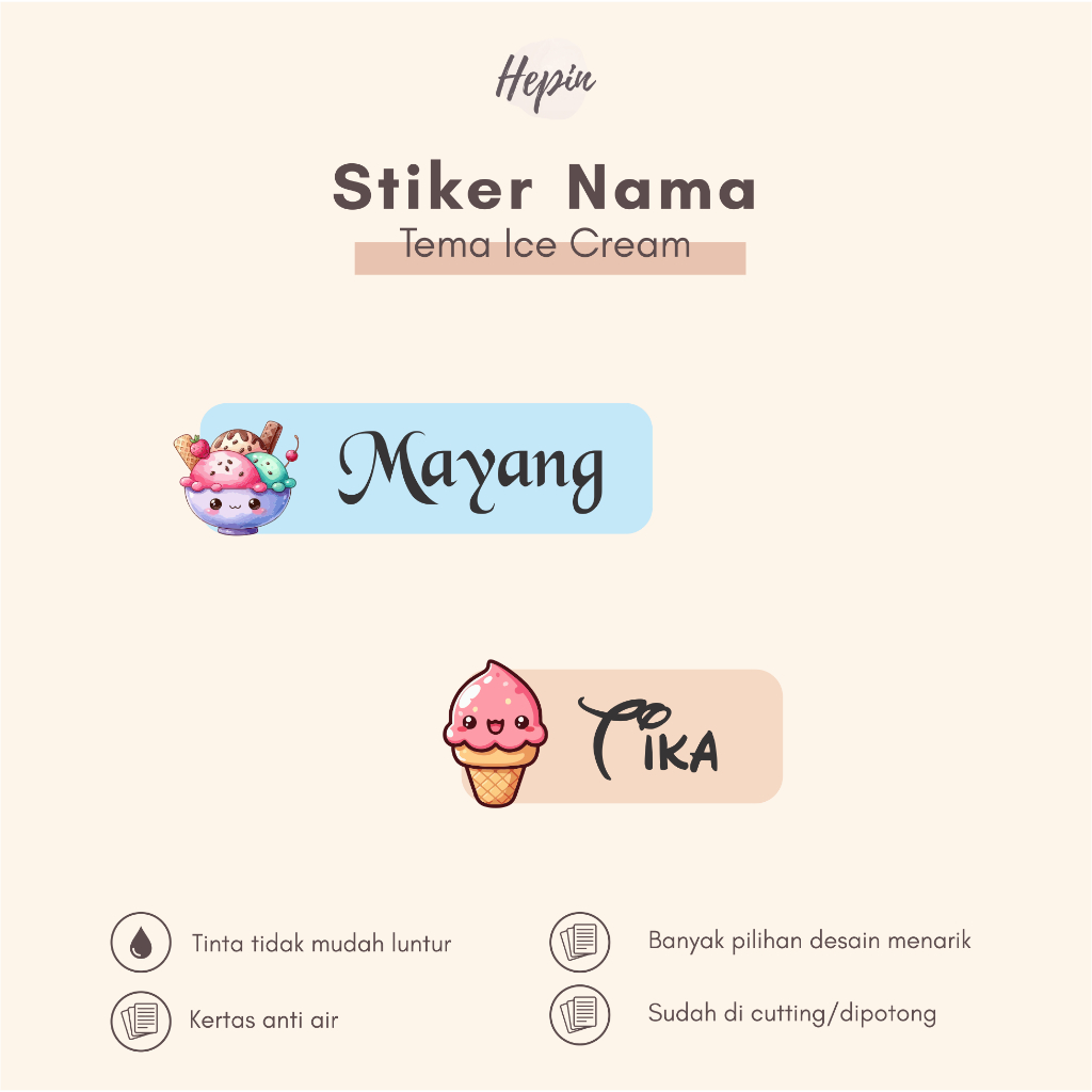 

(90 - 120 pcs) Stiker Cutting nama ICE CREAM / Stiker Nama Anak Murah / Label Nama Custom