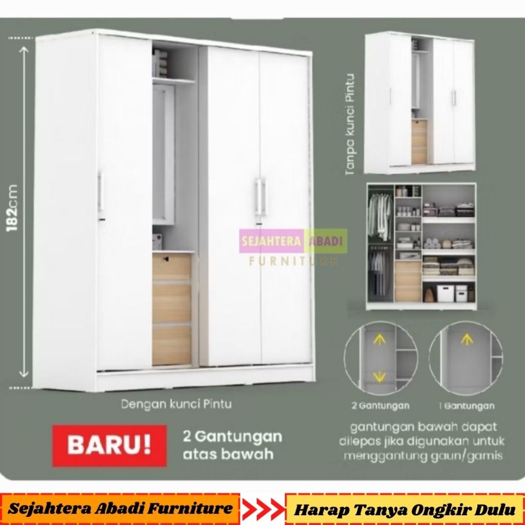 lemari sliding pakaian 4 pintu plus meja rias BAKO wdsl160DS pirasi metropolis lemari kayu knockdown