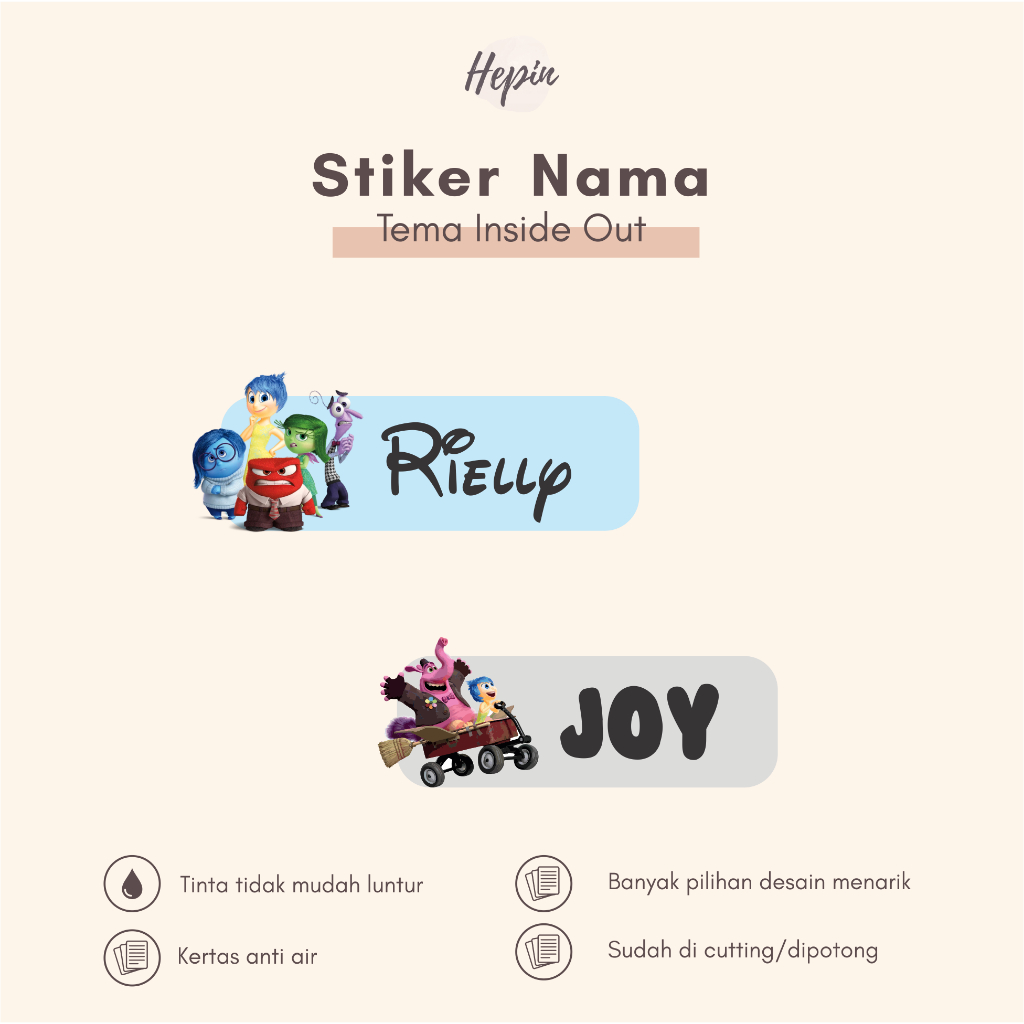 

(90 - 120 pcs) Stiker Cutting nama INSIDE OUT / Stiker Nama Anak Murah / Label Nama Custom