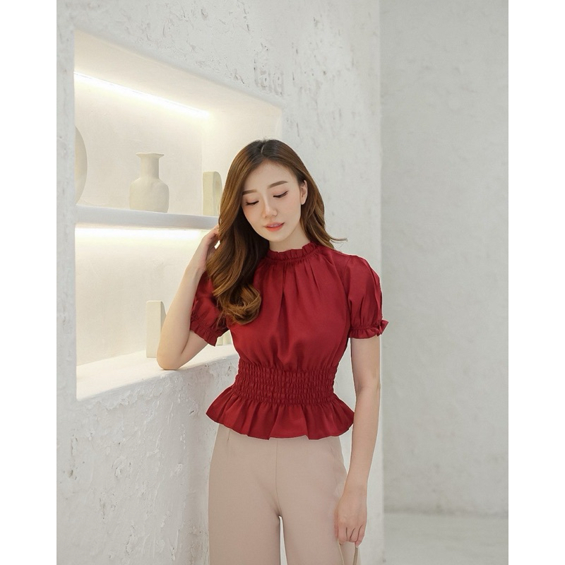 [COTTONBELLS] BAJU PREMIUM GREISY TURTLENECK RUFFLE TOP (MB - B 12581)