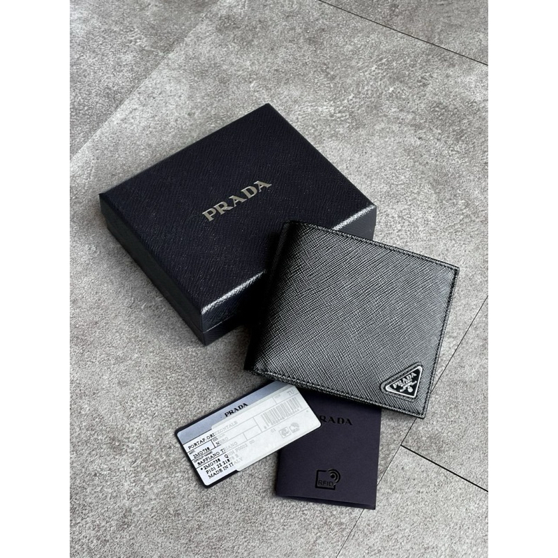 Prada Triangle Logo Bifold Saffiano Wallet Black with Coin Slot