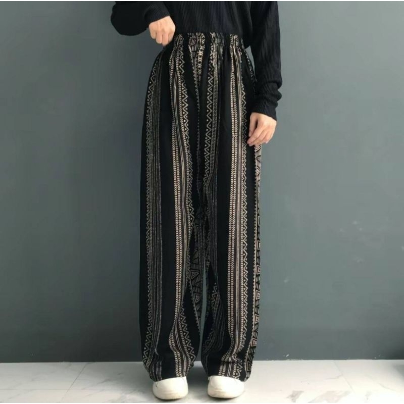 Celana Motif Wanita Kallyoutfit Kulot Panjang Pants  Bahan Katun Linen Garis kain Adem Rayon Hommy C
