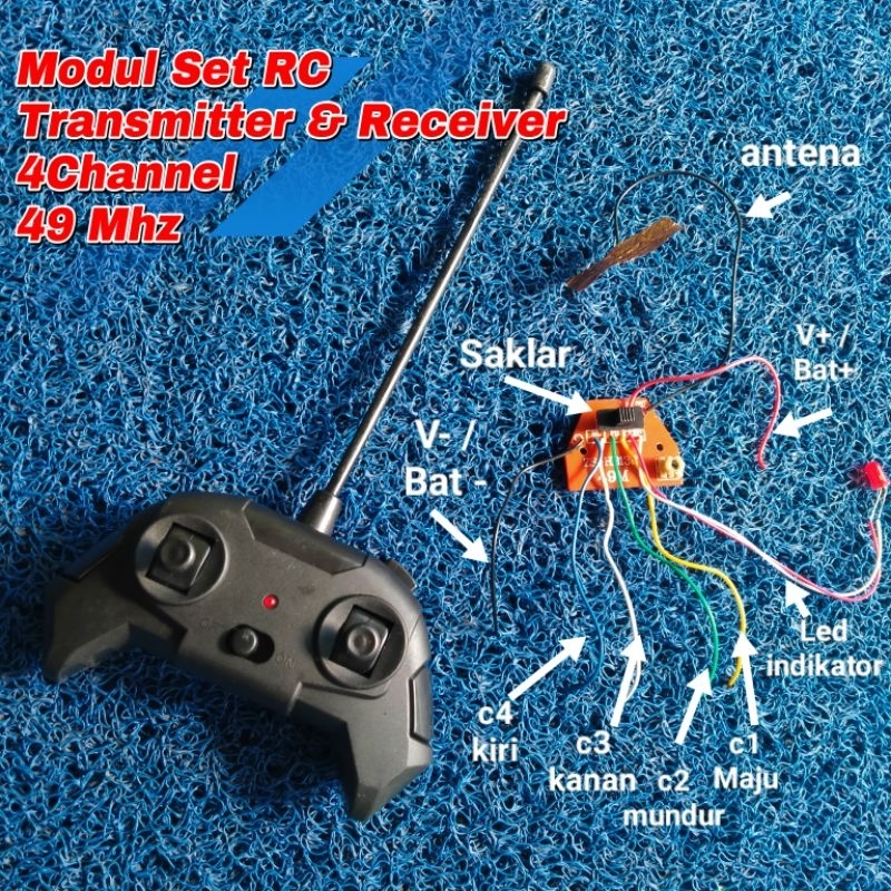 Modul SET Remote Control 4 Channel. untuk RC mainan 4 saluran Frequensi 49MHZ, DC 3.7 - 5volt.