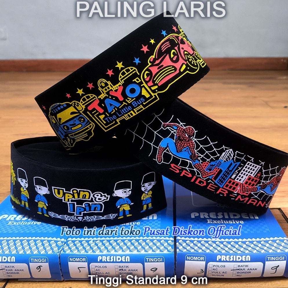 Memang Keren Peci Songkok Kopiah Anak Motif Tayo Karakter Presiden Hitam Polos