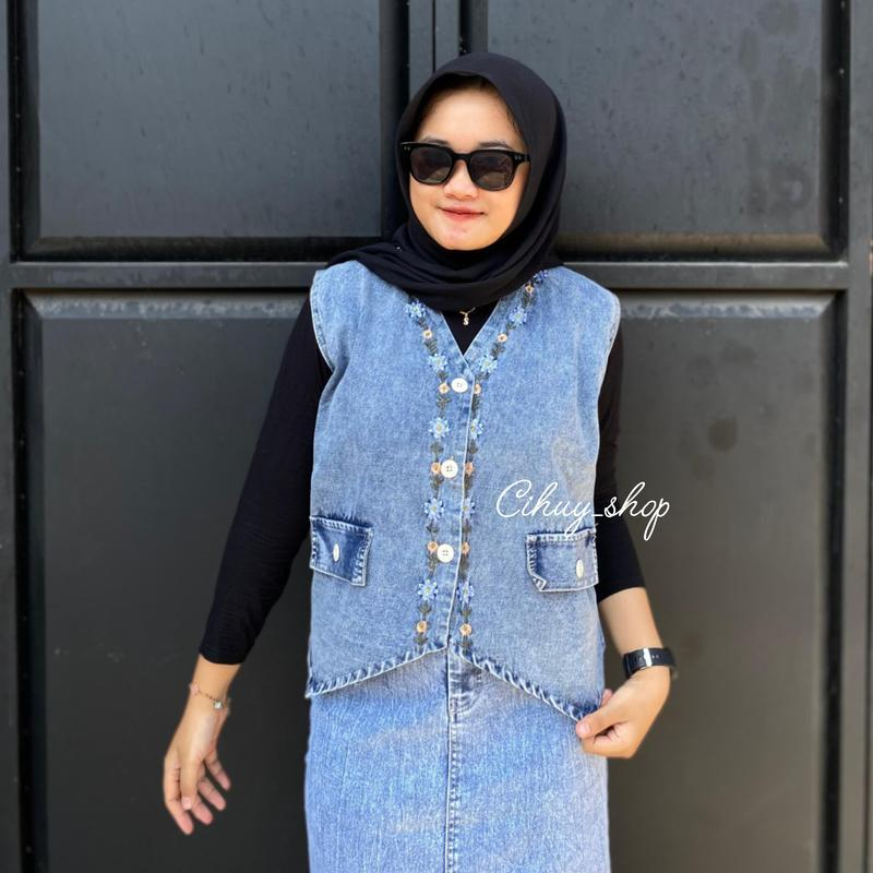 [CIHUY] - Vest Jeans Bordir Avena Atasan Rompi Standar dan Big Size Wanita