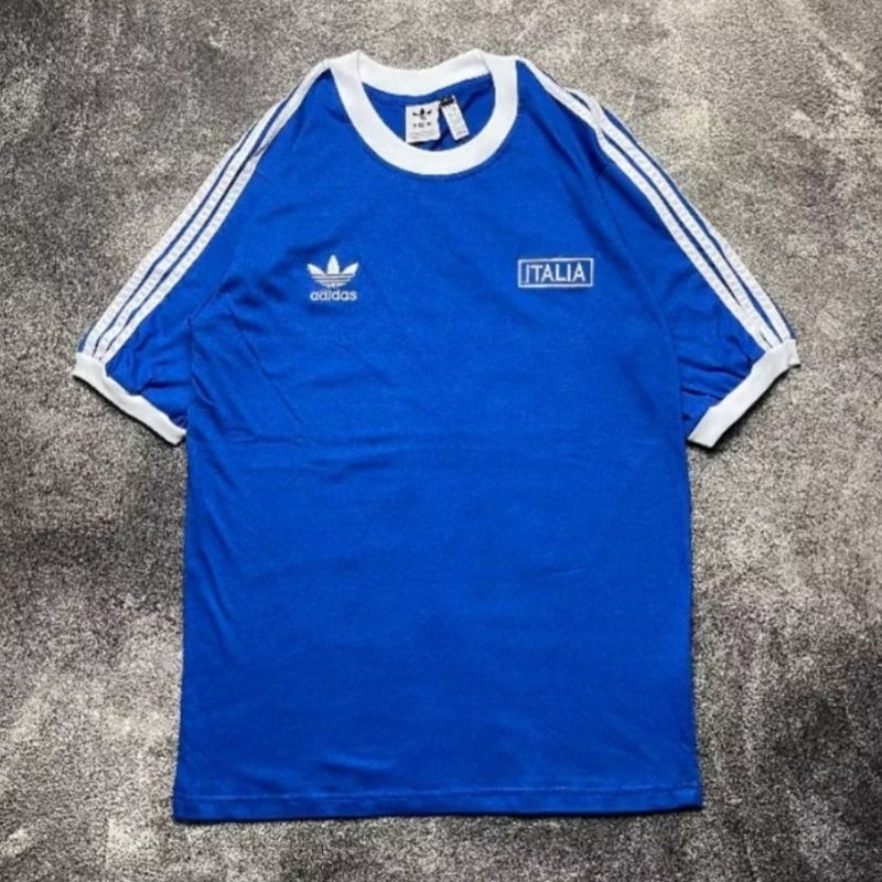 Adidas Italia Biru 3-Strepes Tee Lengan Pendek Baju Kaos Pria Distro Jumbo M-L-XL-XXL