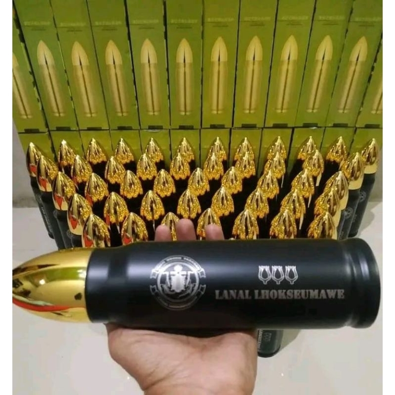 TERMOS THUMBLER CUSTOM LOGO NAMA MODEL PELURU HITAM DAN GOLD